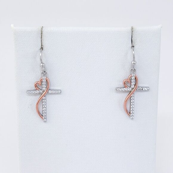 Vintage Sterling Silver Rose Gold Plated Cubic Zirconia Cross Dangle Earrings - Picture 2 of 6